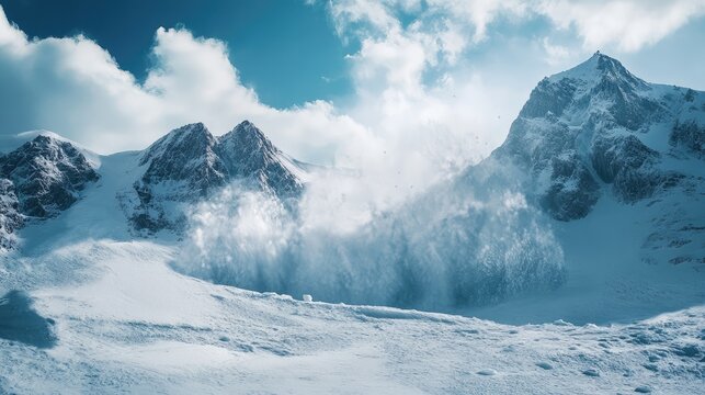 Conceptual depiction of innovative avalanche engineering technology in a dramatic snowy mountain landscape with dynamic snow movement.