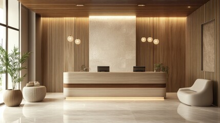 Contemporary medical clinic reception area showcasing sleek design and natural elements for a calming patient experience