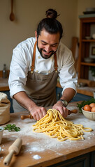 A chef skillfully rolling out fresh pasta dough by hand on a wooden counter, with strands of fettuccine and ingredients like flour, eggs, and herbs scattered around.

