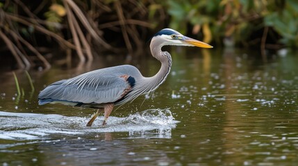 Naklejka premium Graceful Great Blue Heron Wading Through Calm Waters While Fishing in Lush Natural Habitat