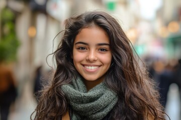 Obraz premium Delightful Portrait of a Happy Latino Girl Smiling in a Vibrant Street Scene