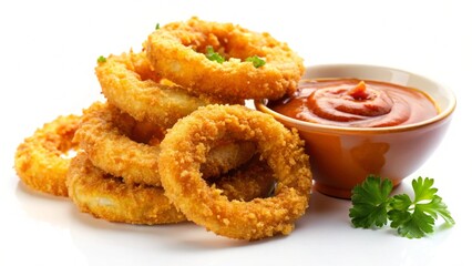 Onion ring served with a sweet and spicy dipping sauce against a white backdrop
