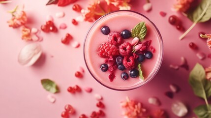 Colorful superfood smoothie topped with fresh berries and mint leaves on a vibrant pink background surrounded by floral elements.