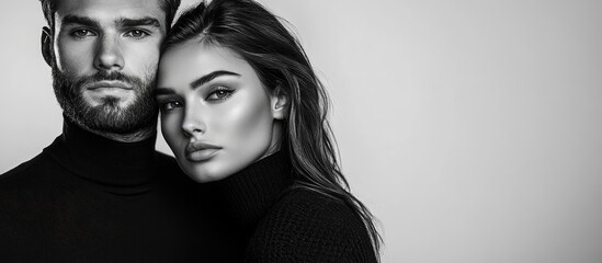 Stylish couple portrait in black and white with blank space for text showcasing modern elegance and intimacy in photography