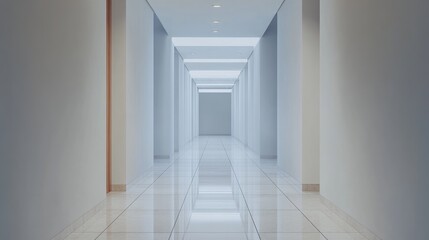Obraz premium Contemporary residential hallway showcasing sleek white walls and glossy tiled flooring emphasizing minimalistic design and natural light