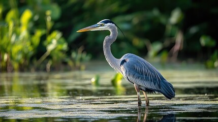 Fototapeta premium Great Blue Heron Standing in Serene Shallow Wetlands Among Lush Greenery at Sunrise