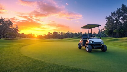 Fototapeta premium Golf cart on a course during a vibrant sunset, wideangle view