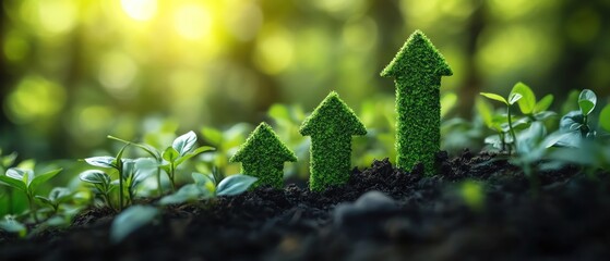 Green growth bars with an upward arrow, concept of environmental progress