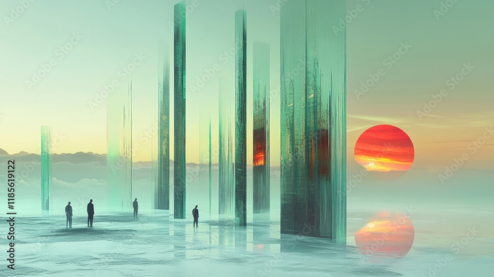 Poster an artistic representation of a d bar chart with a futuristic design, displaying multiple data sets 