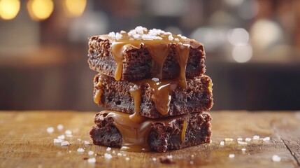 An artistic shot of brownies stacked on a rustic wooden table, drizzled with caramel sauce and sprinkled with sea salt for a gourmet touch.