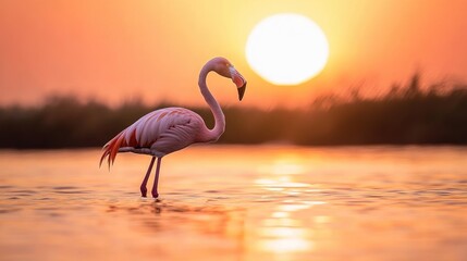 Fototapeta premium Graceful Greater Flamingo Silhouetted Against a Vibrant Sunset Over Calm Waters