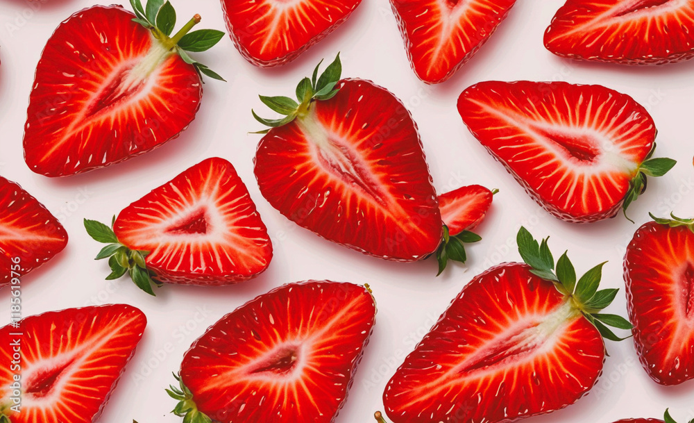 Poster close up of a strawberry with the stem still attached. the strawberry is cut in half and the inside 