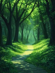 Serene Sunlit Pathway Through Lush Green Forest Landscape