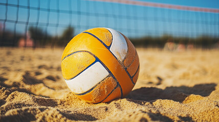 A volleyball on a sandy beach