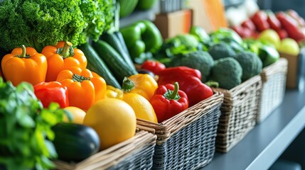 Vibrant assortment of fresh fruits and vegetables in a modern kitchen setting ideal for promoting healthy meal preparation and cooking creativity