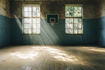 Abandoned Basketball Court with Dusty Sunlight Streaming Inside