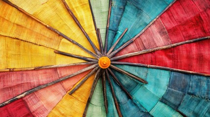 Vibrant closeup of handcrafted colorful canvas umbrella showcasing rustic bamboo frame and intricate texture for backdrop or artistic use