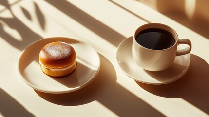 Elegant Minimalist Coffee and Dessert Composition Highlighting Shadows and Warm Tones in a Cozy Setting