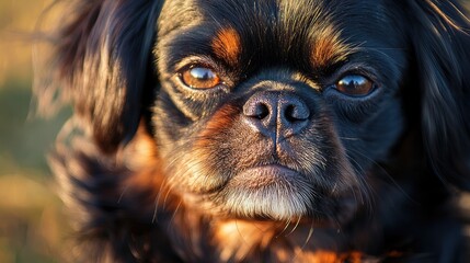 Close-up of a young dog with a serious expression in natural sunlight, showcasing beautiful eyes and fur detail in a shallow depth of field.