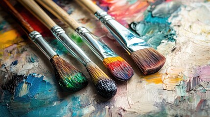 Obraz premium Artistic tools with paint brushes arranged on a colorful palette showcasing vibrant hues for painting and creativity concepts