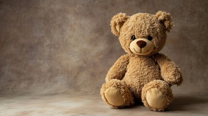 Obraz premium Adorable light brown teddy bear sitting on a textured background perfect for childhood themes and cozy illustrations