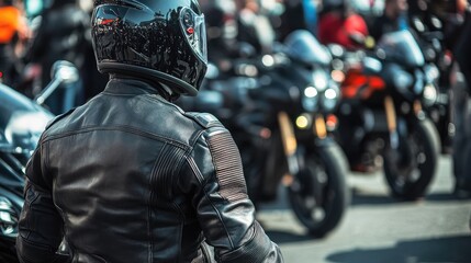 Motorcyclist in full leather gear at a vibrant motorcycle event surrounded by sleek bikes and a lively crowd