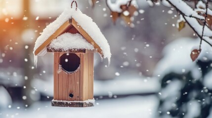 Snow-covered wooden bird feeder hanging outdoors in winter with soft falling snow creating a serene seasonal atmosphere.