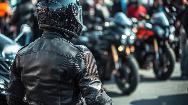 Motorcyclist in full leather gear at a vibrant motorcycle event surrounded by sleek bikes and a lively crowd