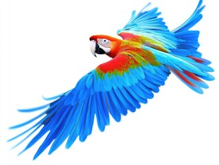 Fototapeta premium Vibrant Ara in Flight. Cheerful Caribbean Bird with Blue Beak Gliding Through the Air