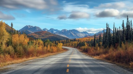 Winding road through a vibrant autumn forest with majestic mountains under a blue sky