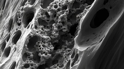 Detailed scanning electron micrograph of the hard palate lining showcasing intricate microstructures and porous textures.