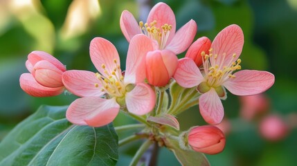 Obraz premium Delicate pink flower blossoms on a green branch showcasing nature's beauty and vibrant colors in a serene outdoor setting