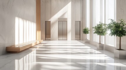 Fototapeta premium Bright and Spacious Lobby of Modern Business Building Featuring Elegant Elevators and Natural Light with Greenery and Marble Flooring
