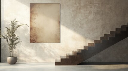 Minimalist abstract artwork in neutral tones displayed on a textured wall with modern stairs and a decorative indoor plant.
