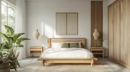 Serene Minimalist Bedroom with Natural Wood Elements and Lush Green Accents for a Tranquil Living Space