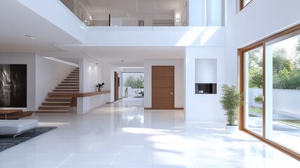 Contemporary open plan entrance area featuring white ceramic tiles and large windows in a modern house design.
