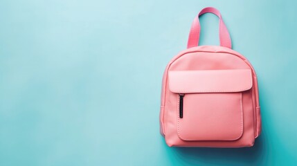 Minimalist pink backpack on a soft pastel blue background for stylish and modern lifestyle design concepts