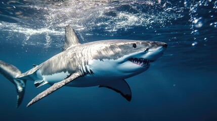 Fototapeta premium Great white shark gliding underwater surrounded by bubbles in a clear ocean environment showcasing marine wildlife elegance