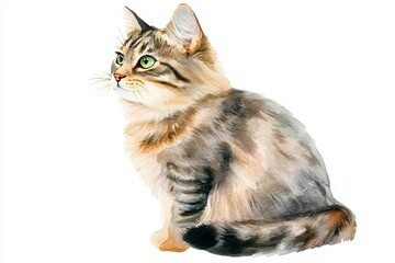 Obraz premium A beautiful watercolor painting of a cat with striking green eyes and delicate fur patterns, showcasing its graceful demeanor.