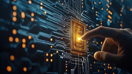 Businessman activates a glowing AI hologram with circuit patterns.