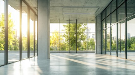 Fototapeta premium Modern Open Concrete Terrace with Expansive Glass Windows Showcasing Lush Greenery and Natural Light