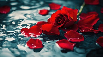 Red Rose and Petals on a Reflective Glass Surface with Water Droplets Creating a Romantic Atmosphere