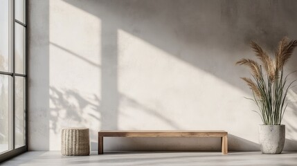 Minimalist Wooden Bench with Natural Decor in Contemporary Loft Living Room Featuring Abstract Wall and Soft Shadow Play