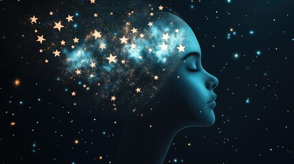 Obraz premium A serene profile showcases a person immersed in a cosmos of colors and stars, symbolizing creativity and the beauty of diverse minds