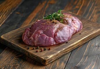 Fresh Raw Meat on Cutting Board with Spices and Greens Ready for Cooking in Rustic Kitchen Setting