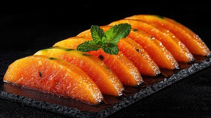 Close-up of Sliced Orange Fruit with Mint Garnish on Dark Background