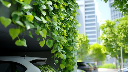 Fototapeta premium Elevated parking deck surrounded by a lush verdant display of cascading vines and foliage creating a serene and sustainable urban landscape