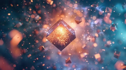 A glowing cube surrounded by particles and light, evoking a sense of energy and mystery.