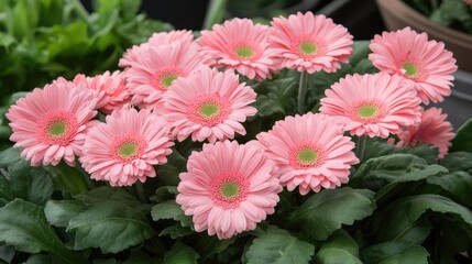 Fototapeta premium Pink gerbera daisies blooming in lush greenery creating a vibrant natural background for floral beauty and serenity
