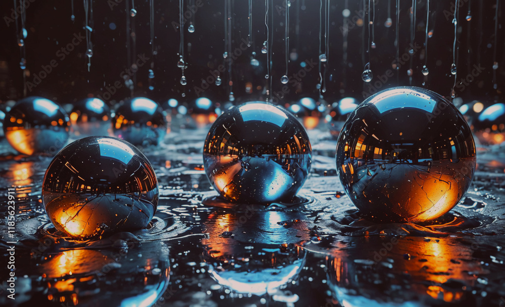 Poster three shiny balls are reflected in the water. the balls are in a row. the water is wet